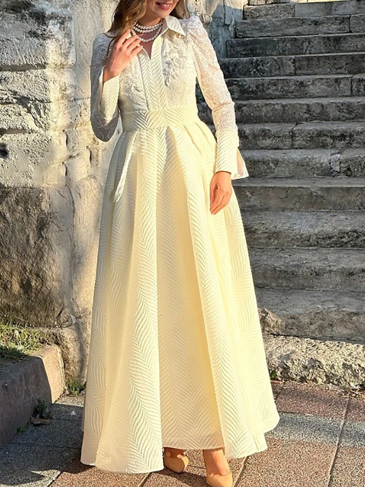 Femmes dentelle broderie fleur élégante robe longue revers pure manches longues blanc printemps automne Chic avec ceinture robes longues Vestido