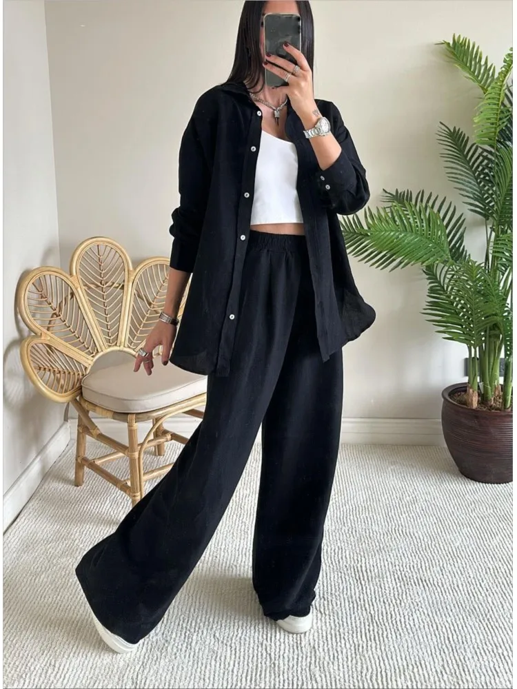 Conjunto informal liso de 2 piezas para mujer, camisa con botones de manga larga a la moda + pantalones de pierna ancha de cintura alta, trajes, ropa de oficina nueva