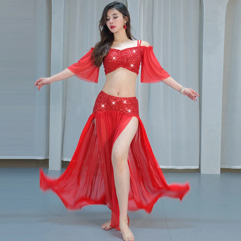 Elegante dança do ventre topos + saia conjunto feminino roupas de dança oriental lantejoulas senhora competição palco desempenho prática traje