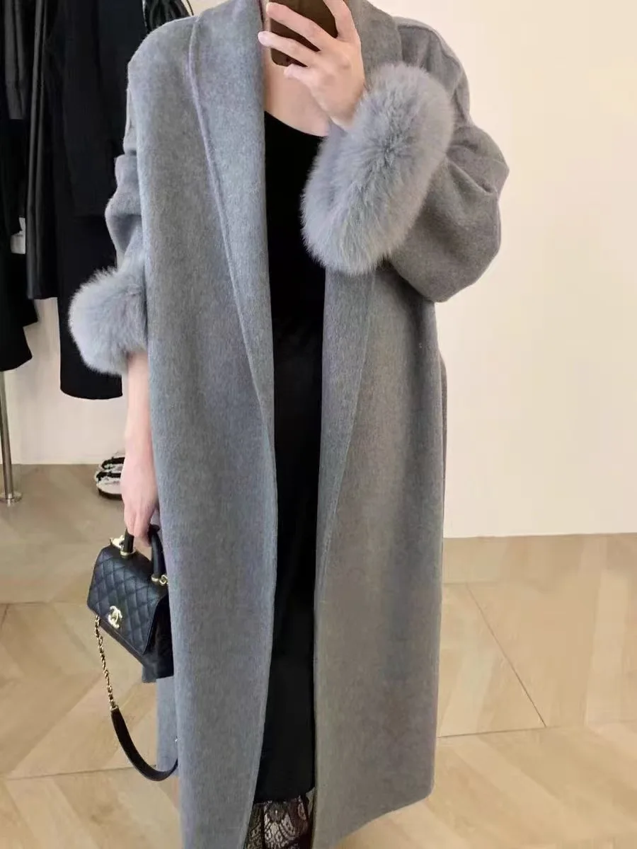 Women's Double-Faced Woolen Coat Short Length Open Front Belted Style with Fox Fur Elegant Casual Outerwear Ropa Mujer