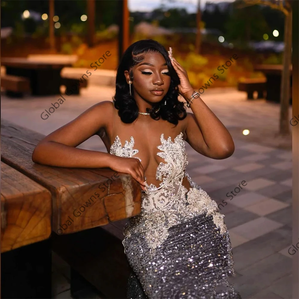 Silver O Neck Beaded Appliques Long Prom Dresses For Black Girls Sequined 2024 Birthday Luxury Dress Tassel Graduation Gown