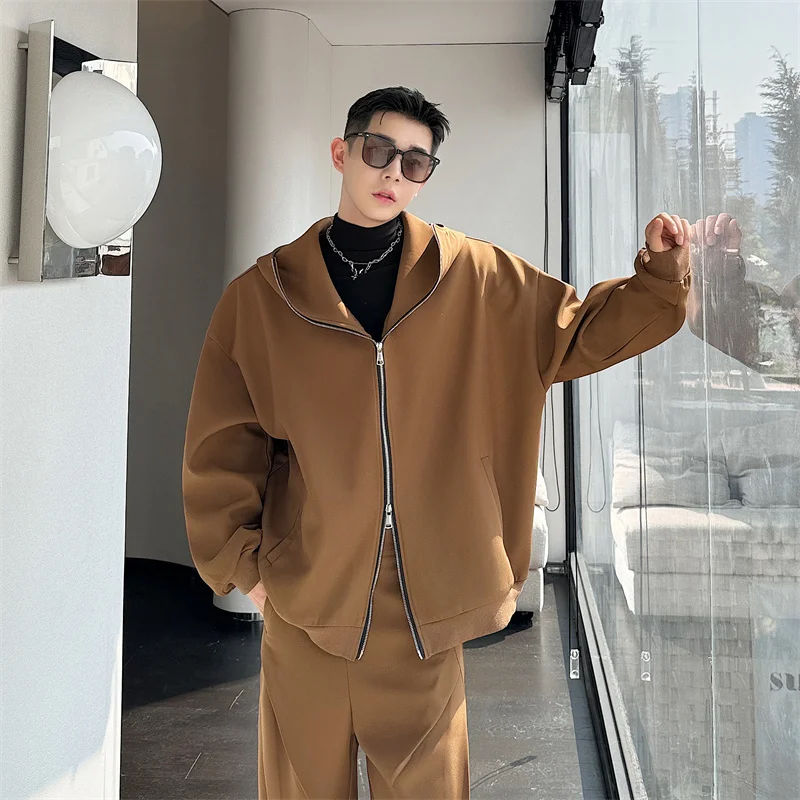 NOYMEI Niche Design Two Pieces Set Solid Color Simple Zipper Hooded Jacket Straight Wide Leg Pants Fashion All-match WA3503