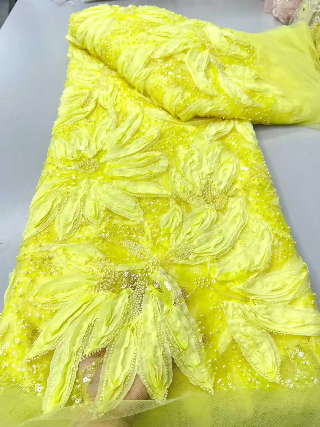 

African 3D Flower Lace Fabric for Wedding Sequins Beaded Lace Material Nigerian French Net 2026 High Quality Lace Women Dresses