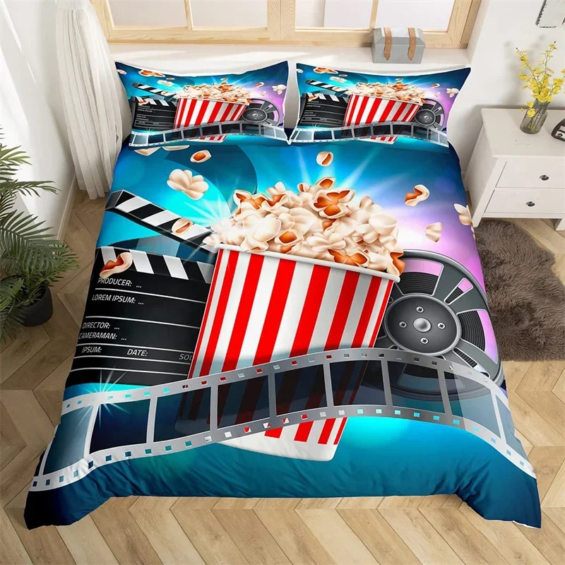 Movie Time Duvet Cover Set Cartoon Popcorn Bedding Set Microfiber Film Pattern Comforter Cover Home Theater Decor Queen Bed Set