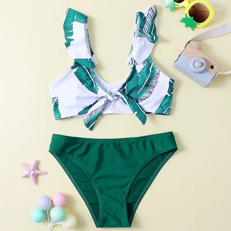 Conjunto de biquíni estampado com folhas para crianças de 7 a 14 anos, roupa de banho duas peças para meninas adolescentes e piscina, moda praia