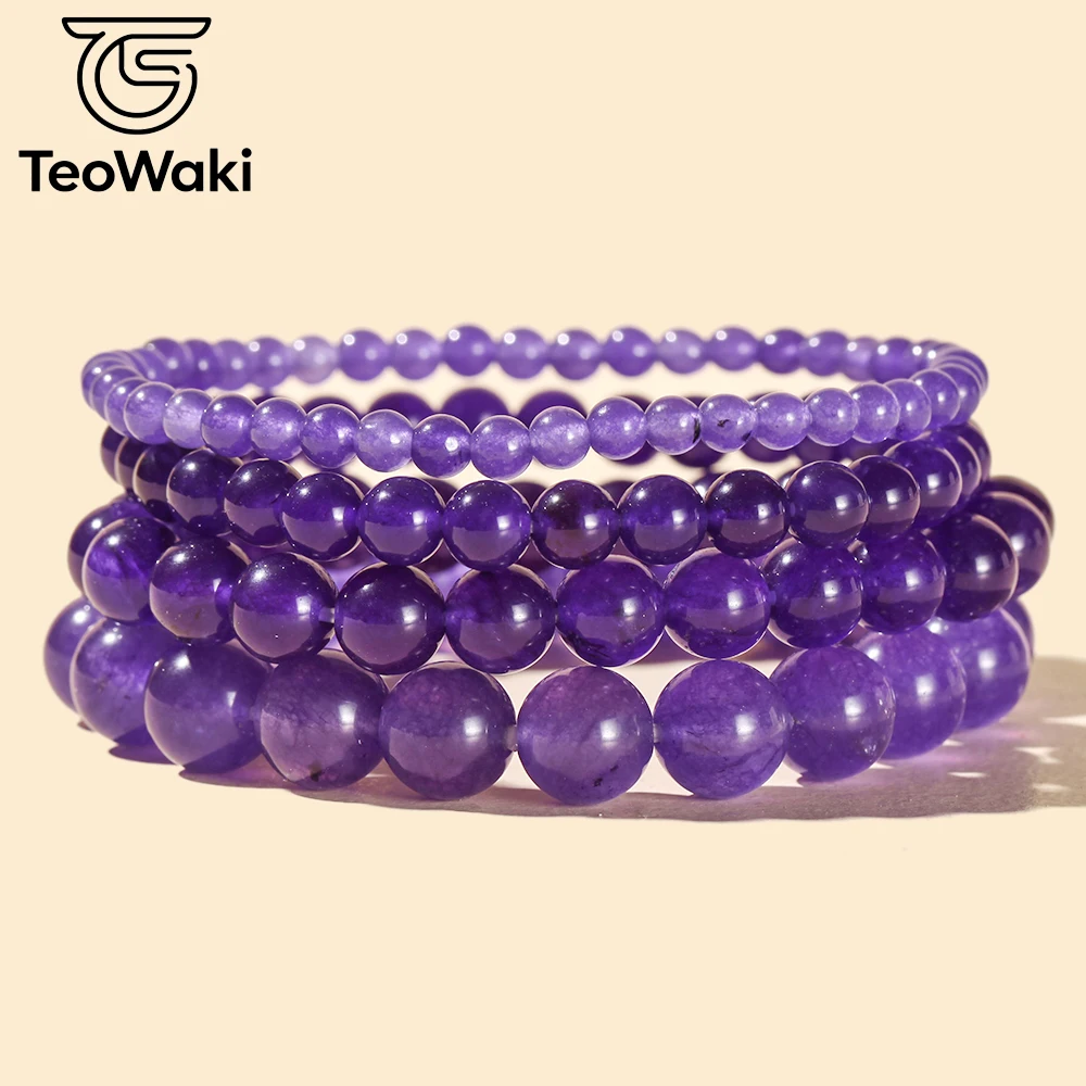 TeoWaki Symbol of Wisdom, improve study & work efficiency Natural Purple Jades Stone Elastic Bracelet for Women Men 4/6/8/10mm