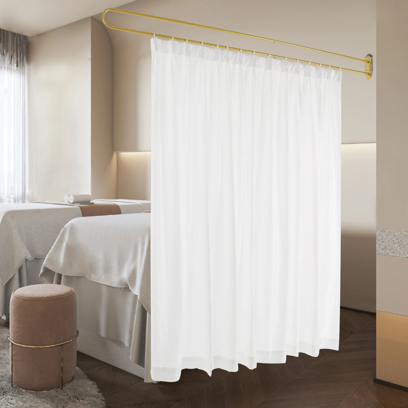 Gold U-Shaped Curtain Rod, 2.3m, White Fabric Curtain Support with Hardware