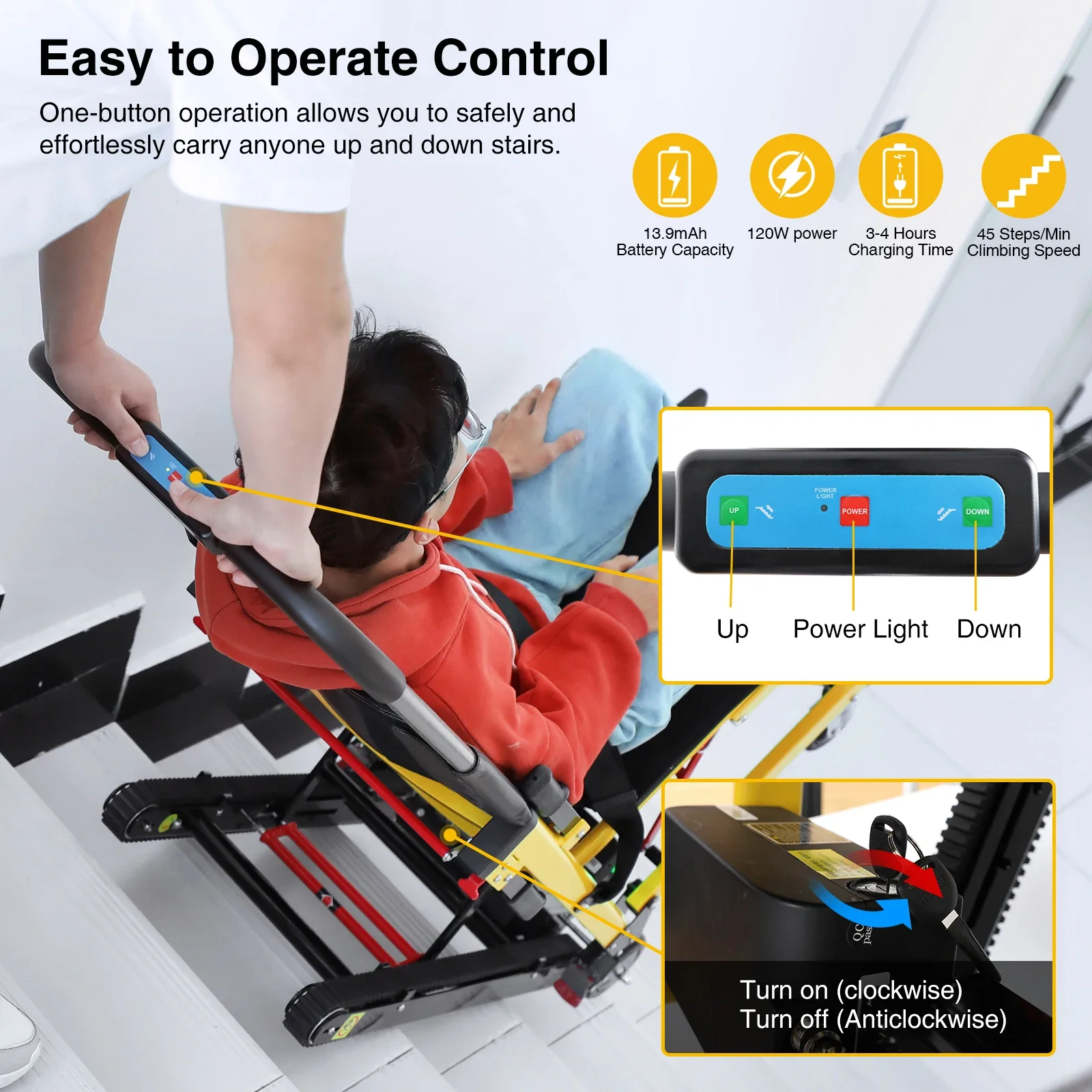 Electric Stair Climbing Chair Foldable Emergency Stair Lift  with Battery Operated for Elderly Disabled 440 lbs Load