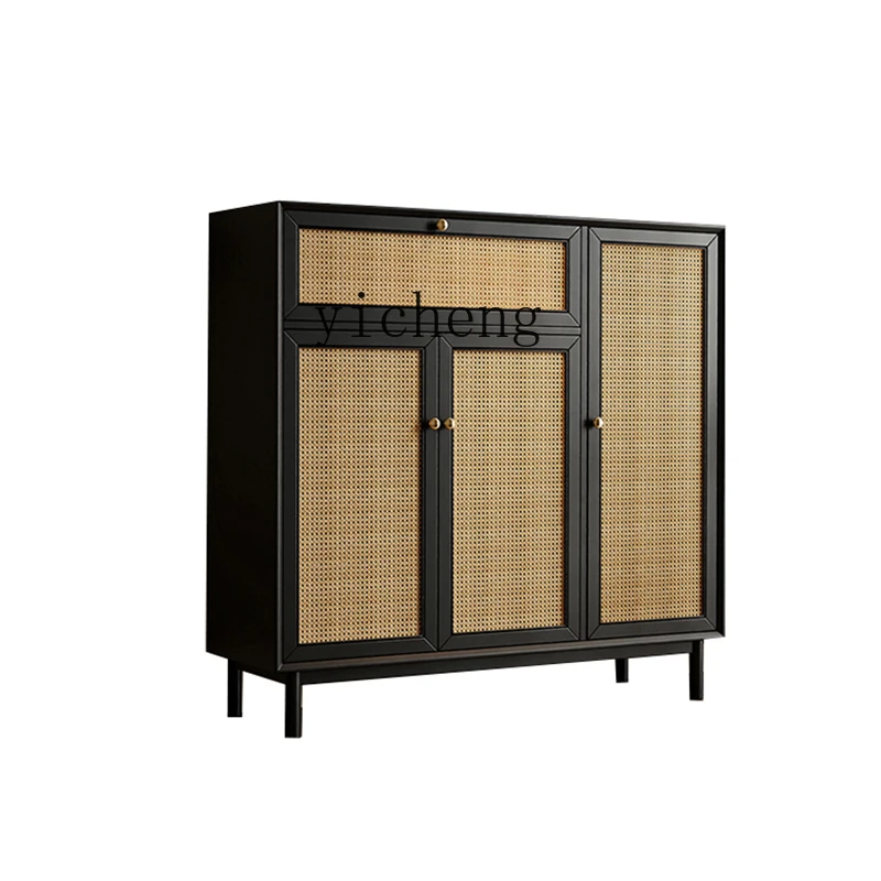 

ZC Home Entrance Cabinet Hallway Shoe Cabinet Solid Wood Vintage Rattan Wood Color Black Side Cabinet