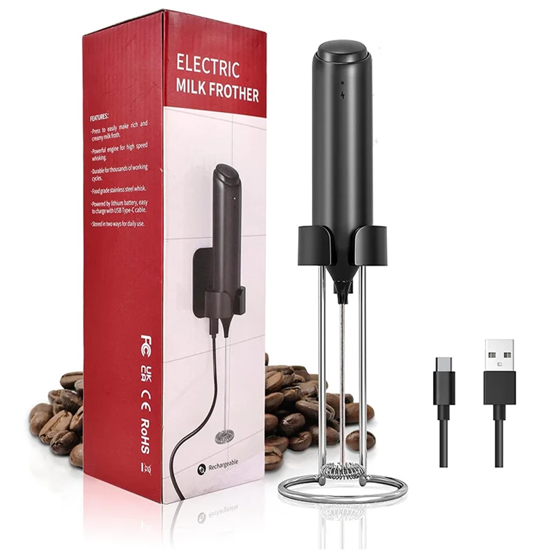 Milk Frother Handheld, USB Rechargeable Wall-Mounted Stand, Mini Milk Foamer, Electric Whisk Drink Mixer Foam Maker