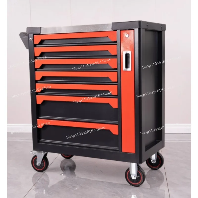 A metal tool cabinet with 7 drawer storage spaces, suitable for the garage work area