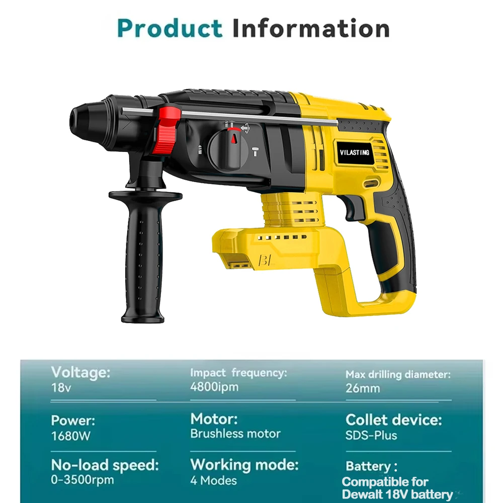 26MM Electric Hammer Drill Brushless Multifunctional Rotary High-Power Cordless Rechargeable Power Tools Fit Dewalt 18V Battery