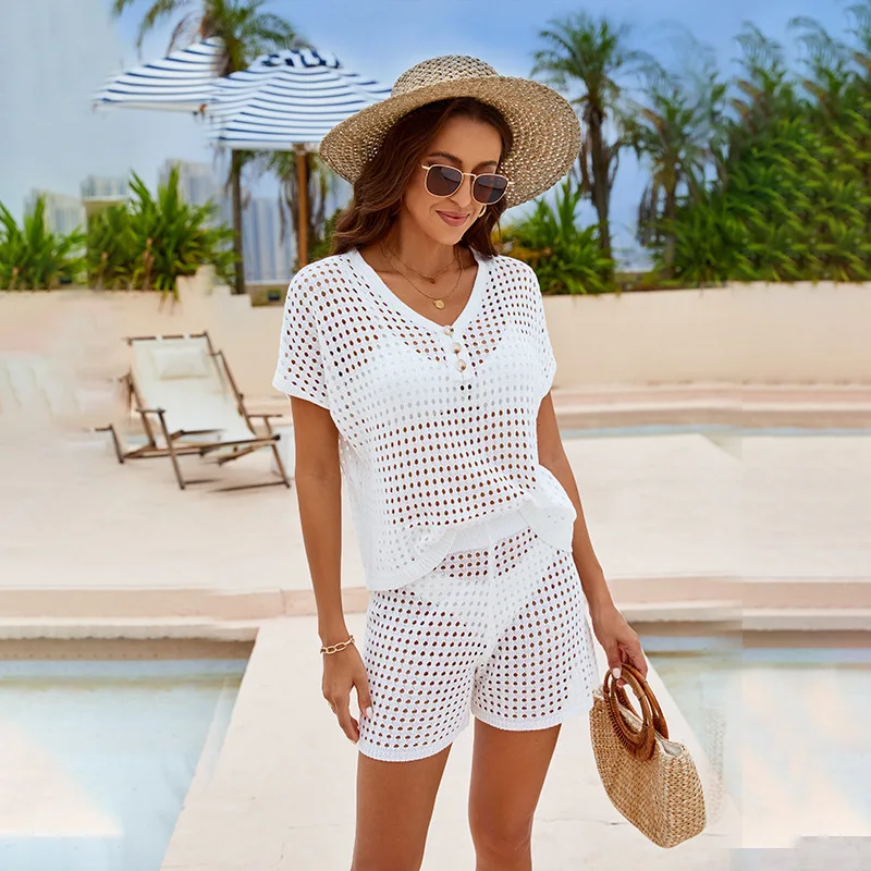 2024 zomer nieuwe strand dames effen kleur sexy gebreide opstaande kraag bikini badpak hoodie set