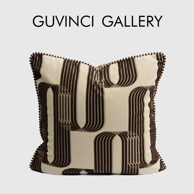 GUVINCI Modern Art Abstract Curves Jacquard Cushion Cover Traditional Mahori Tattoos Decorative Pillow Case 45x45cm Brown Beige