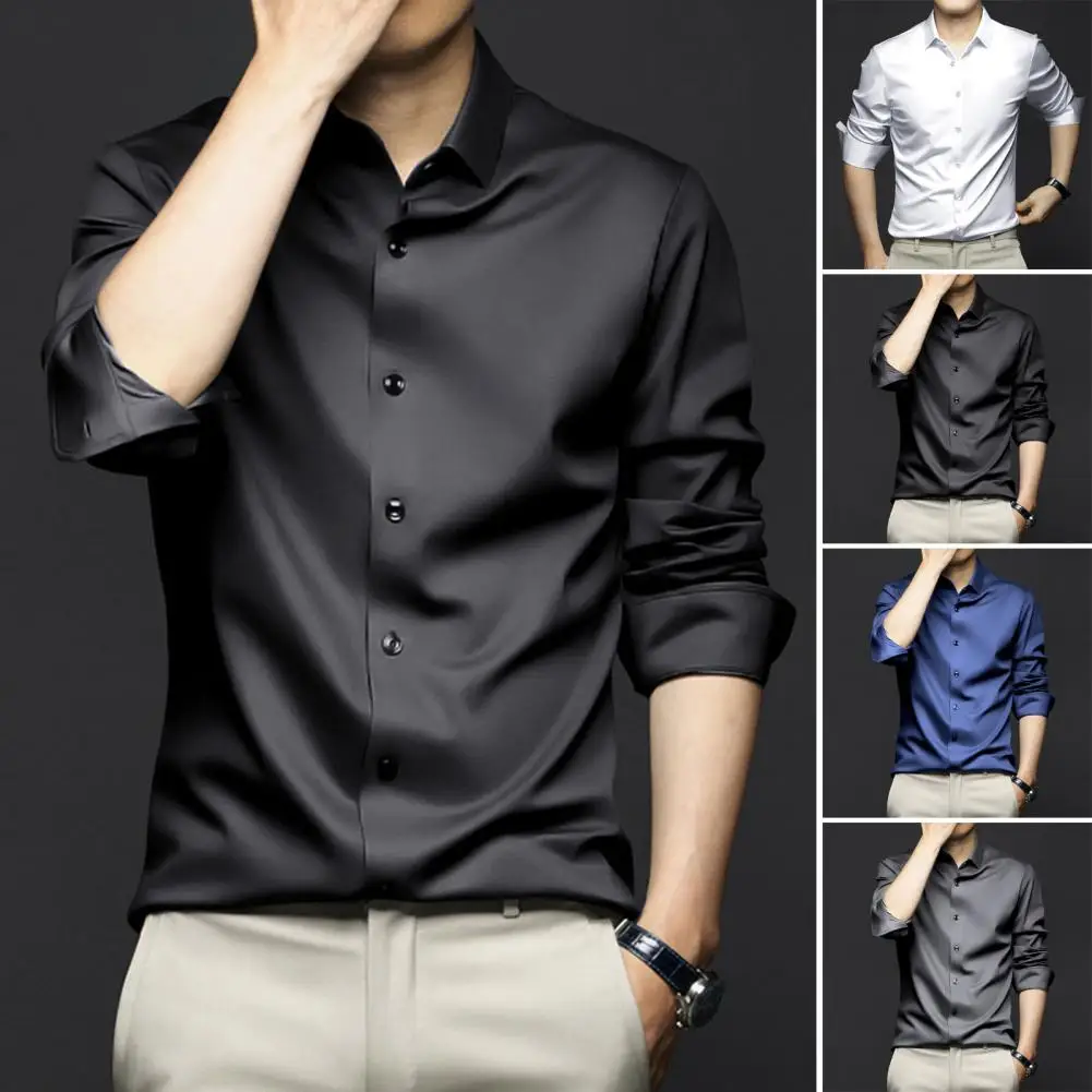 4XL Spring and Summer Formal Men\'s Long Sleeve Shirt Luxurious Wrinkle-resistant Non-iron Solid Color Business Casual Ice Silk