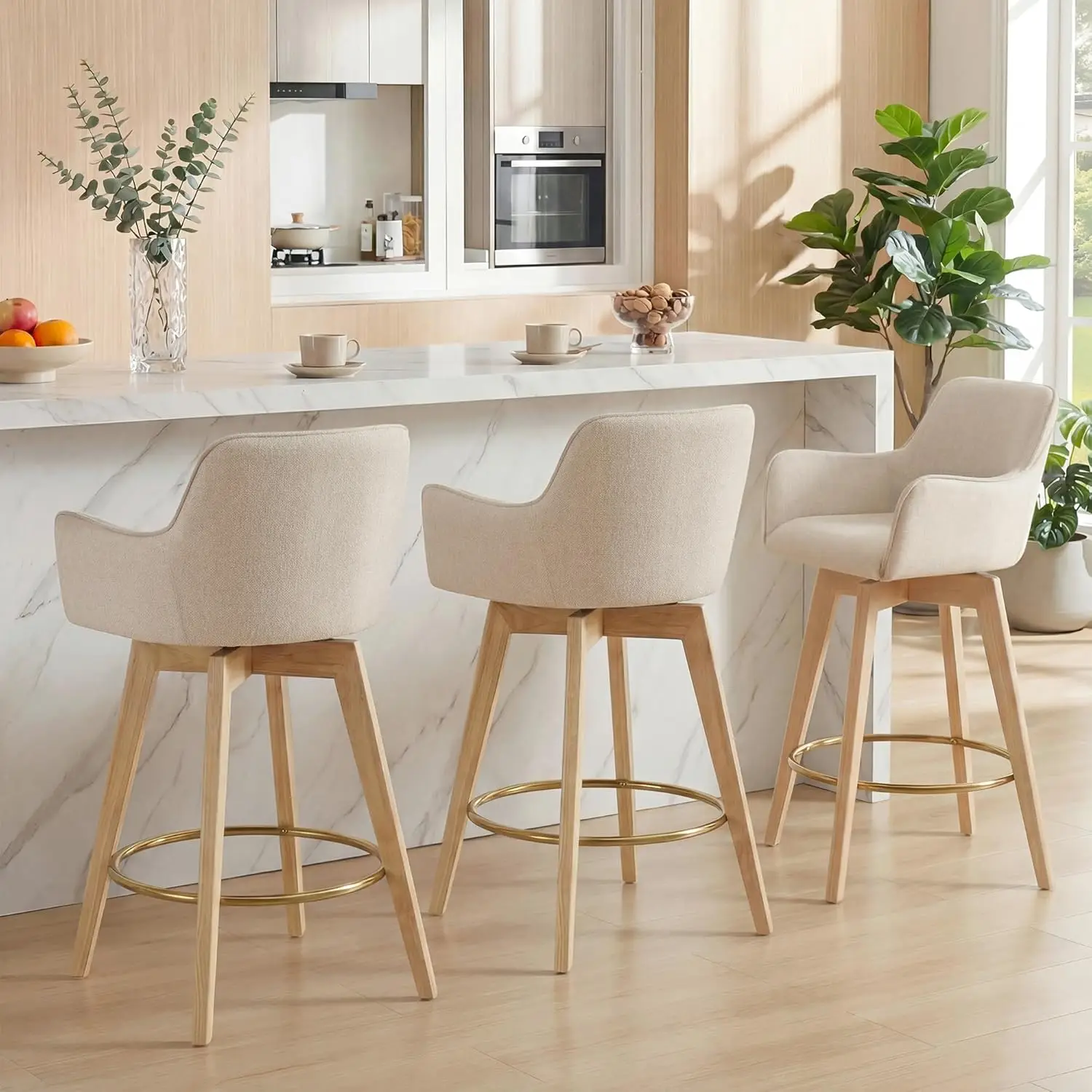 

26" Swivel Counter Stool 3PCS Back Arm Footrest Wood Legs Linen Farmhouse Kitchen Island Beige, Customized