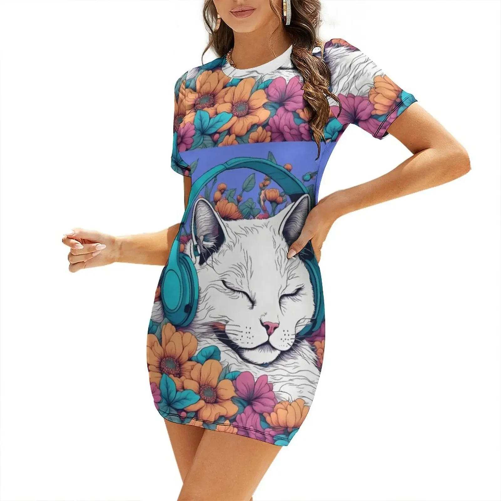 

Aesthetic White cat headphones floral cat lover Short-Sleeved Dress Dress for pregnant women