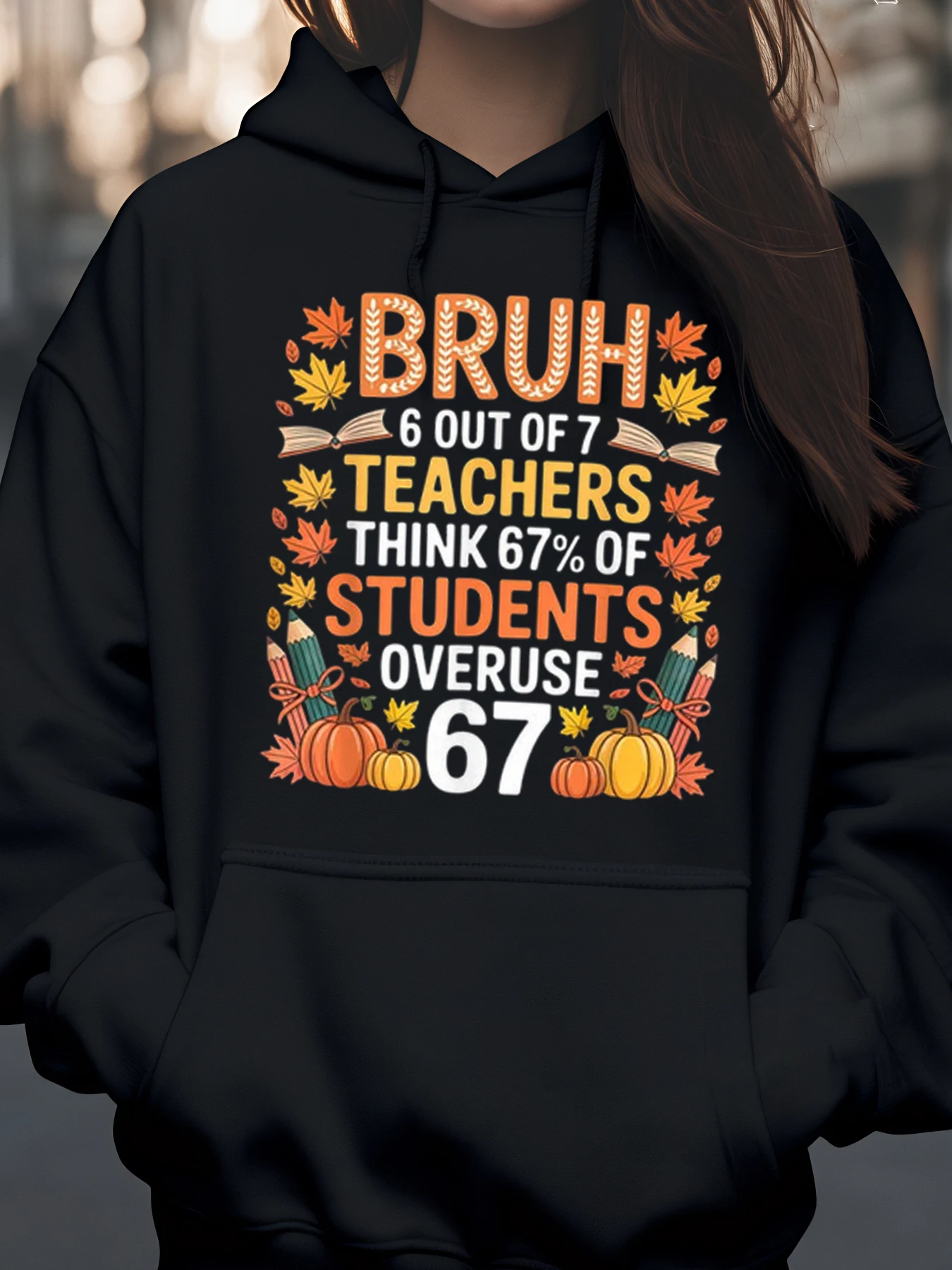 هوديي مطبوع عليه أوراق الخريف والقرع للهالوين للمعلمين والطلاب ملابس غير رسمية #1