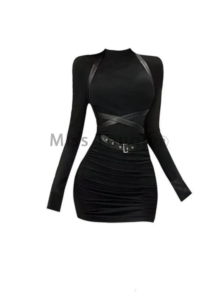 2024 Autumn Gothic Y2k Slim Dress Women Aesthetic Black Long Sleeved Streetwear Clothes Korean Fashion Patchwork Design Dresses