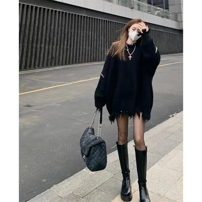 Femme Lazy Loose Irregular Tassels Black Ripped Sweater Women Jumpers Vintage Casual O Neck Long Sleeve Hole Knit Top