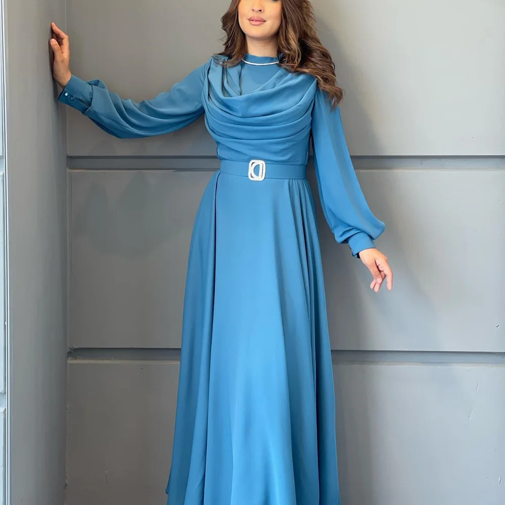 

Cenove A-Line O-Neck Prom Dress Arabic With Belt Long Sleeve Evening Dress Formal Gowns for Women Wedding Party 2023