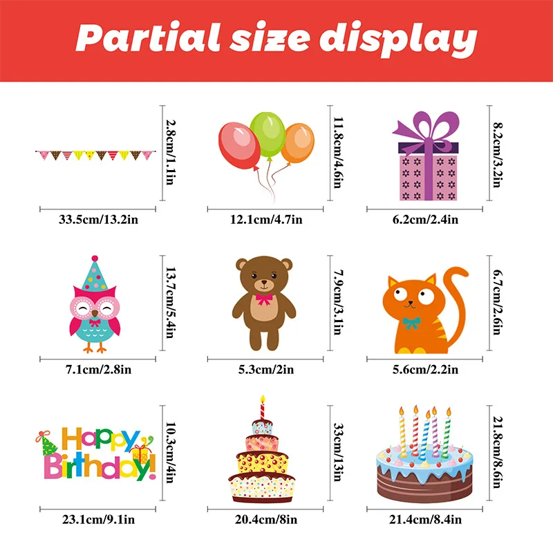 4Sheets Happy Birthday Static Decorative Window Stickers Double-Sided Cake Wall Decorations Home Gift For Kids Favor Supplies