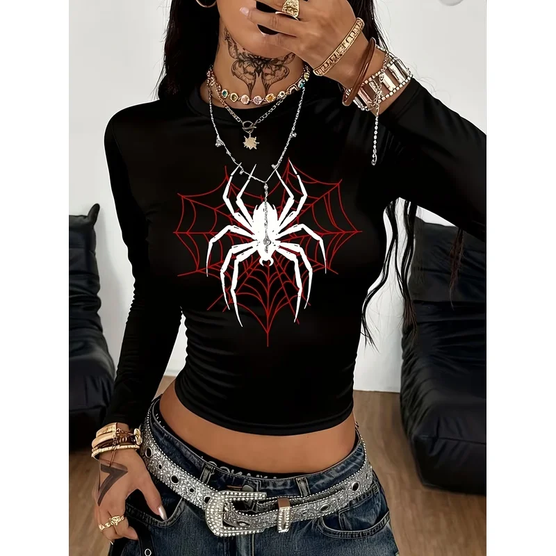 Women's vintage dark Gothic long-sleeve top featuring a spiderweb and spider print; suitable for layering or wearing alone.