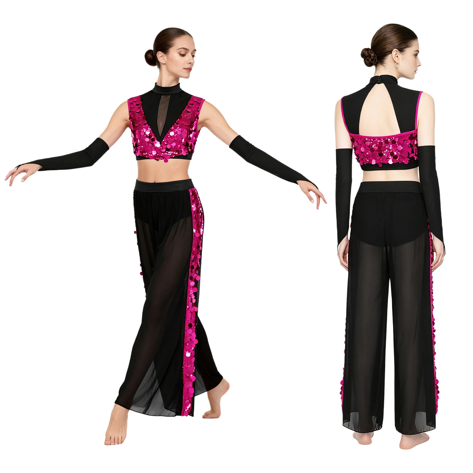 

Womens Belly Ballet Dance Clothing Backless Sequin Crop Top Gloves And Wide Leg Mesh Pants for Lyrical Modern Dance Competition