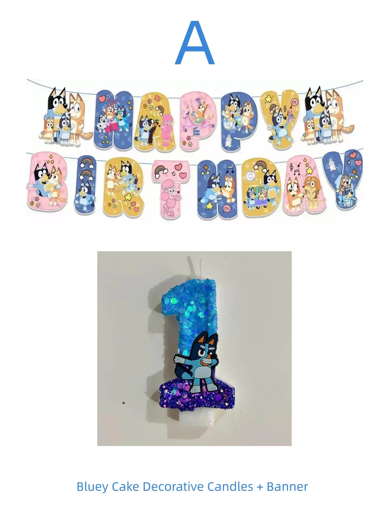 Bluey Birthday Flag for Cartoon Character - Blue and Purple Numbered Candle Set - Banner for Bluey Dog Theme Party