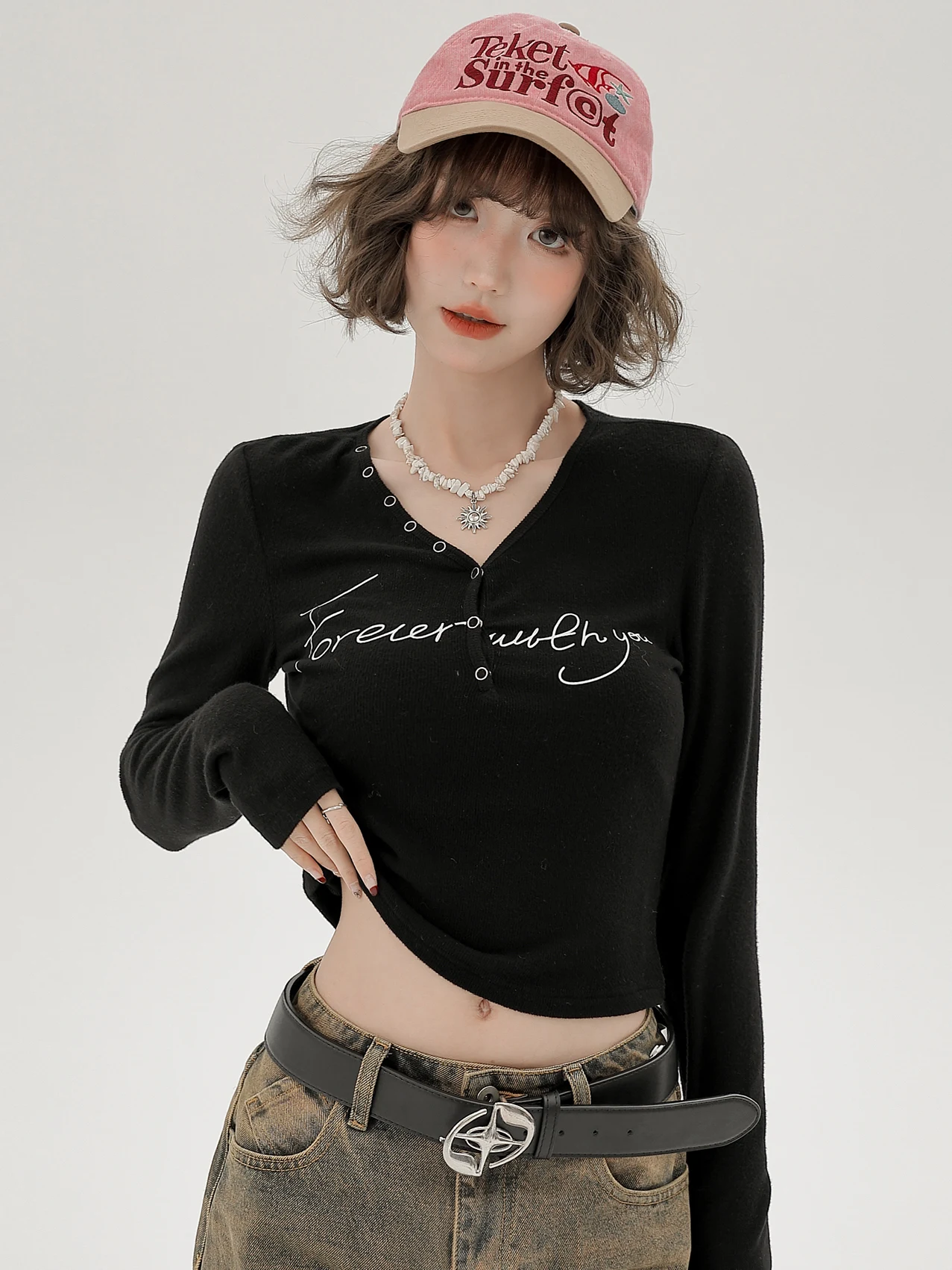Girlyhalo American Style Long Sleeve T-Shirt Women's V-Neck Letter Slim Fit Inner Wear Base Shirt Top Spring Autumn Fashion
