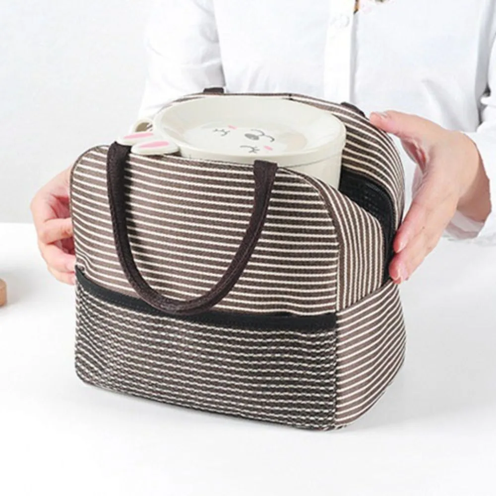 Multifunctional Aluminum Film Lining Striped Thermal Lunch Bag Zippered Large Capacity Picnic Bag Insulated Tote Bag Outddor