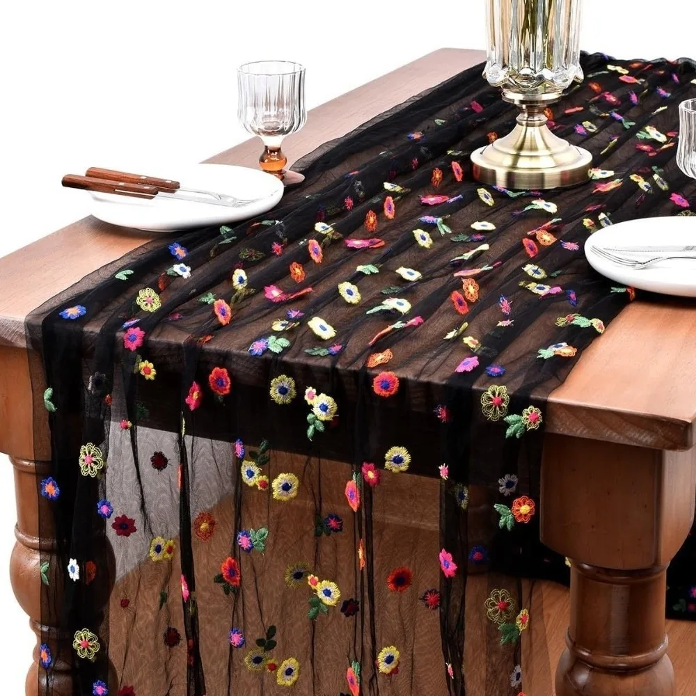 

Vintage Embroidery Daisy Table Runner Boho Elegant Tulle Table Runner Semi-Transparent Long Colorful Table Cover