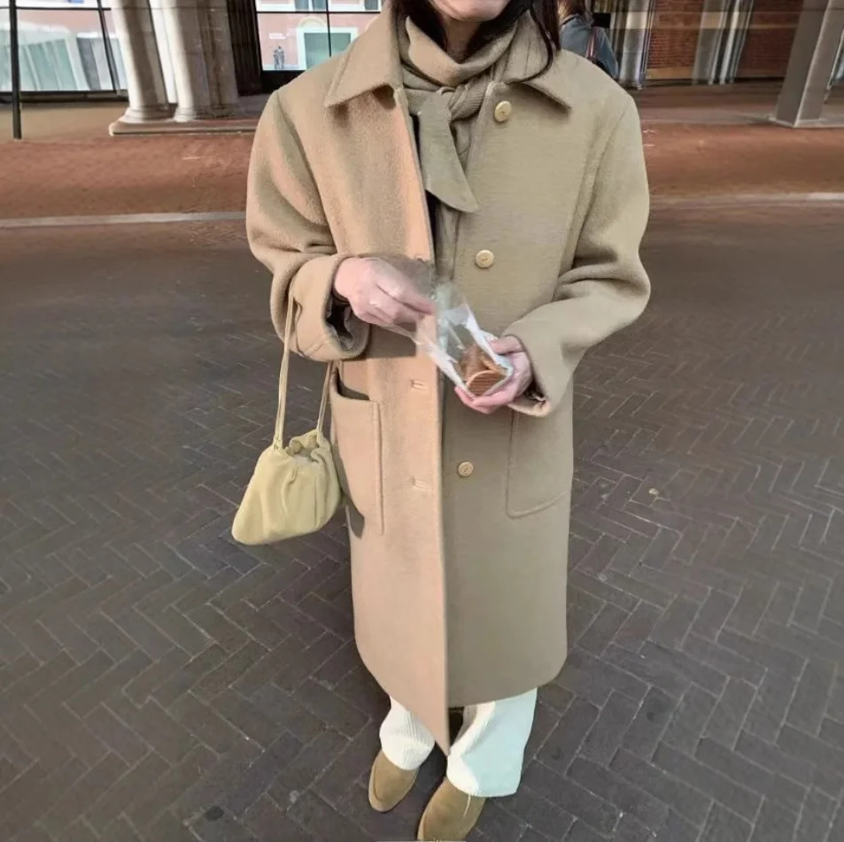 

Winter Thiened Woolen Coat Women's Straight Leg Coat Stand Collar Long Sve Commute Sle Single Button Other Material Ou...