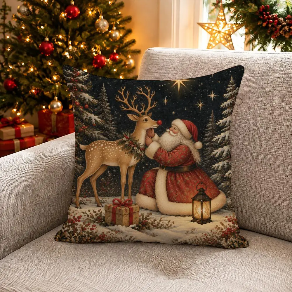 Vintage Santa Claus and Reindeer Cushion Cover Soft Christmas Pillow Cover | Festive Cushion Decor for Cozy Sofa Bedroom Home