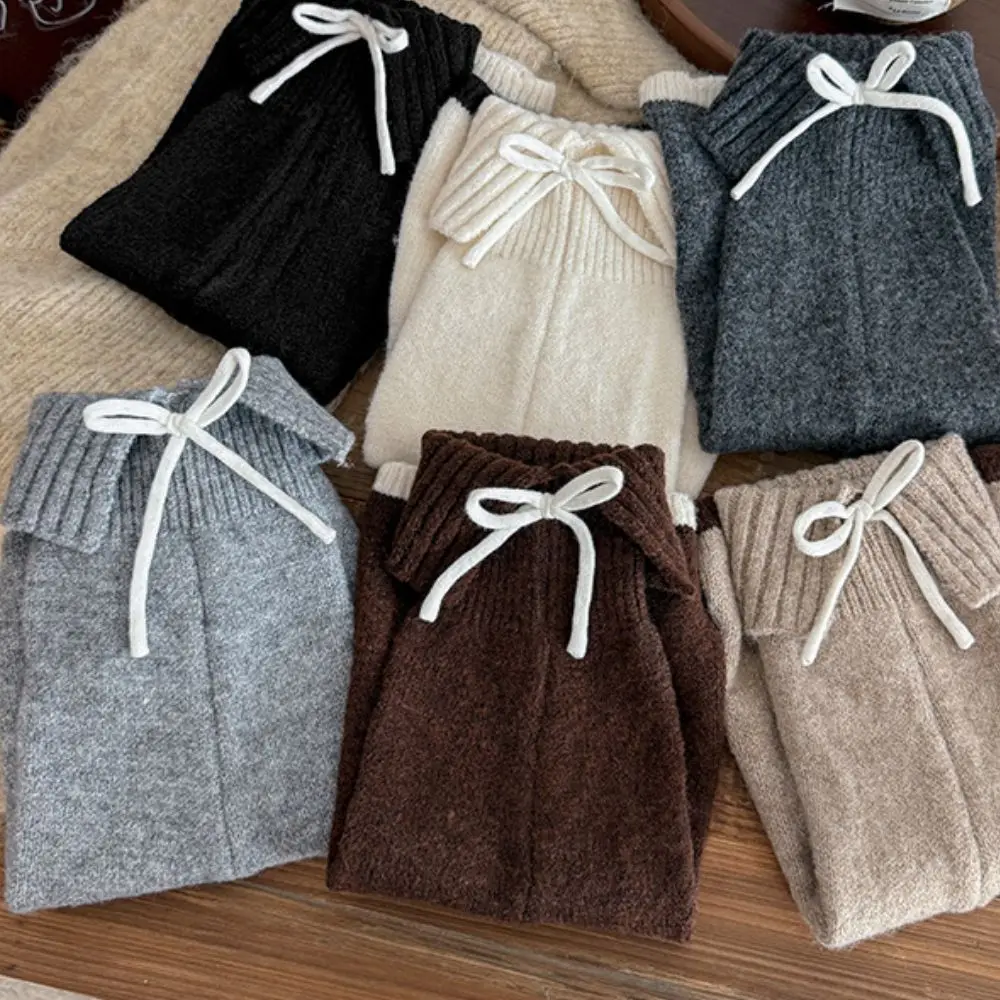 1 Pair Thick Knit Leg Warmer Bow Accent Warm Calf Warmer Stacked Fit Ribbed Cuff Knit Leg Sleeve Daily Winter Outfit Styling