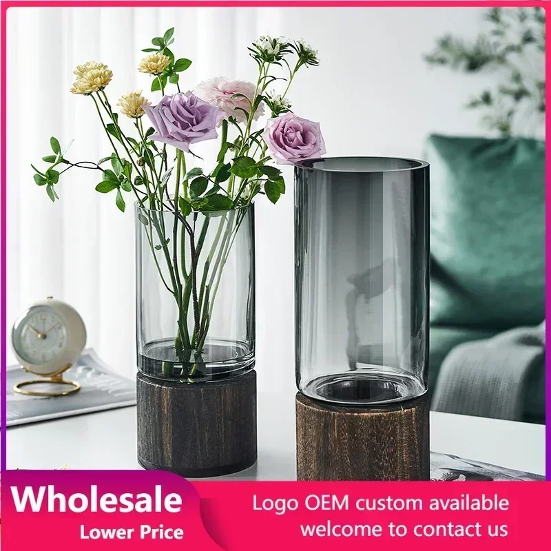 

Simple Vases European household hydroponic plant living room table inserted flower wood base transparent glass vase Home Decor