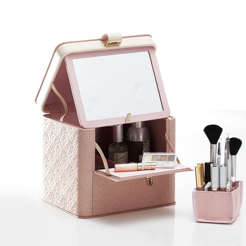 Travel Makeup Boxs Gift Portable Mirrormirror Lipstick Brush Holder Makeup Box Design Cosmetic Skincare Cajas Household Items