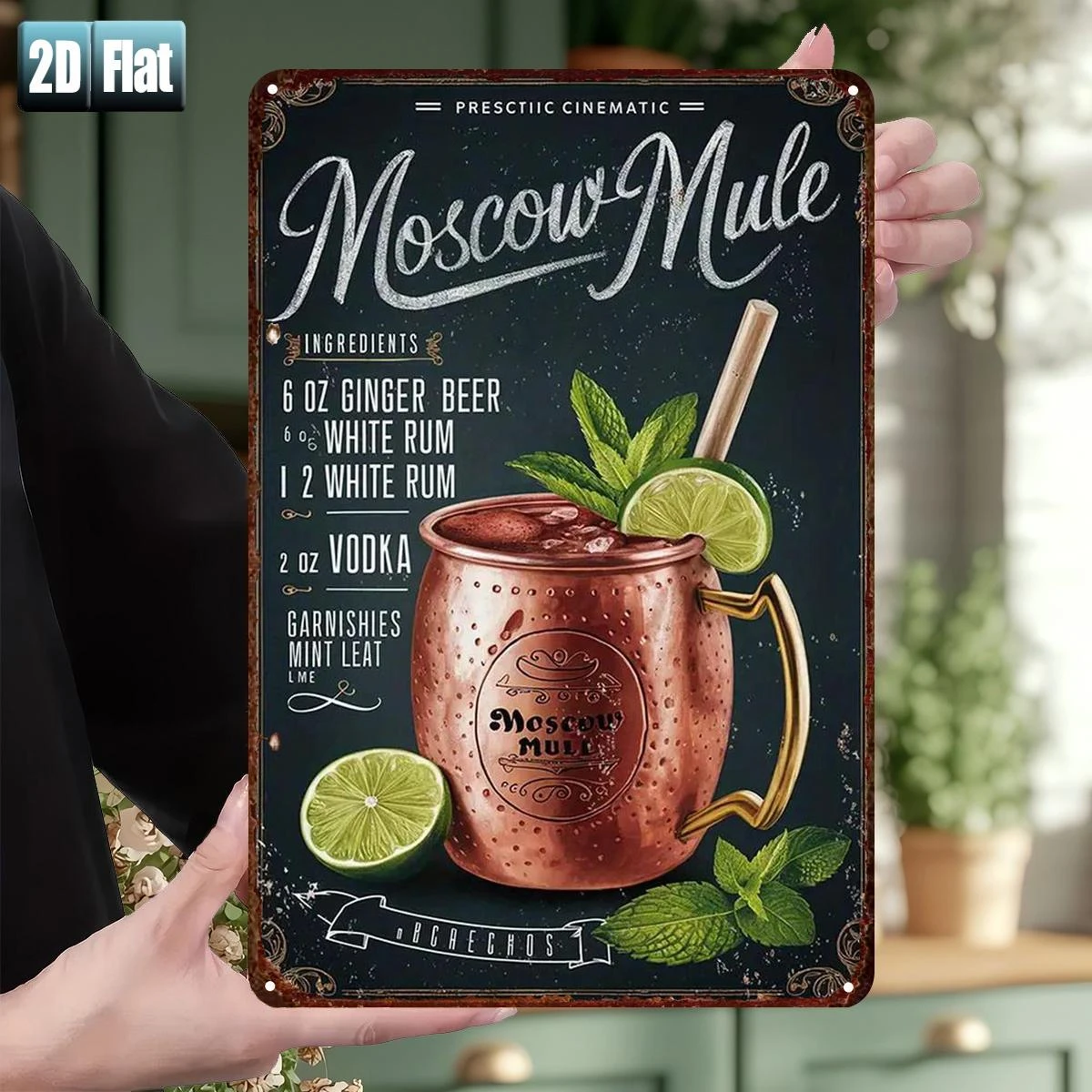 Plano en 2D - 1 pieza Receta de Moscow Mule | Cóctel Clásico con Cerveza de Jengibre, Vodka y Limón | Letrero Metálico Vintage de Hierro, 8"x12"