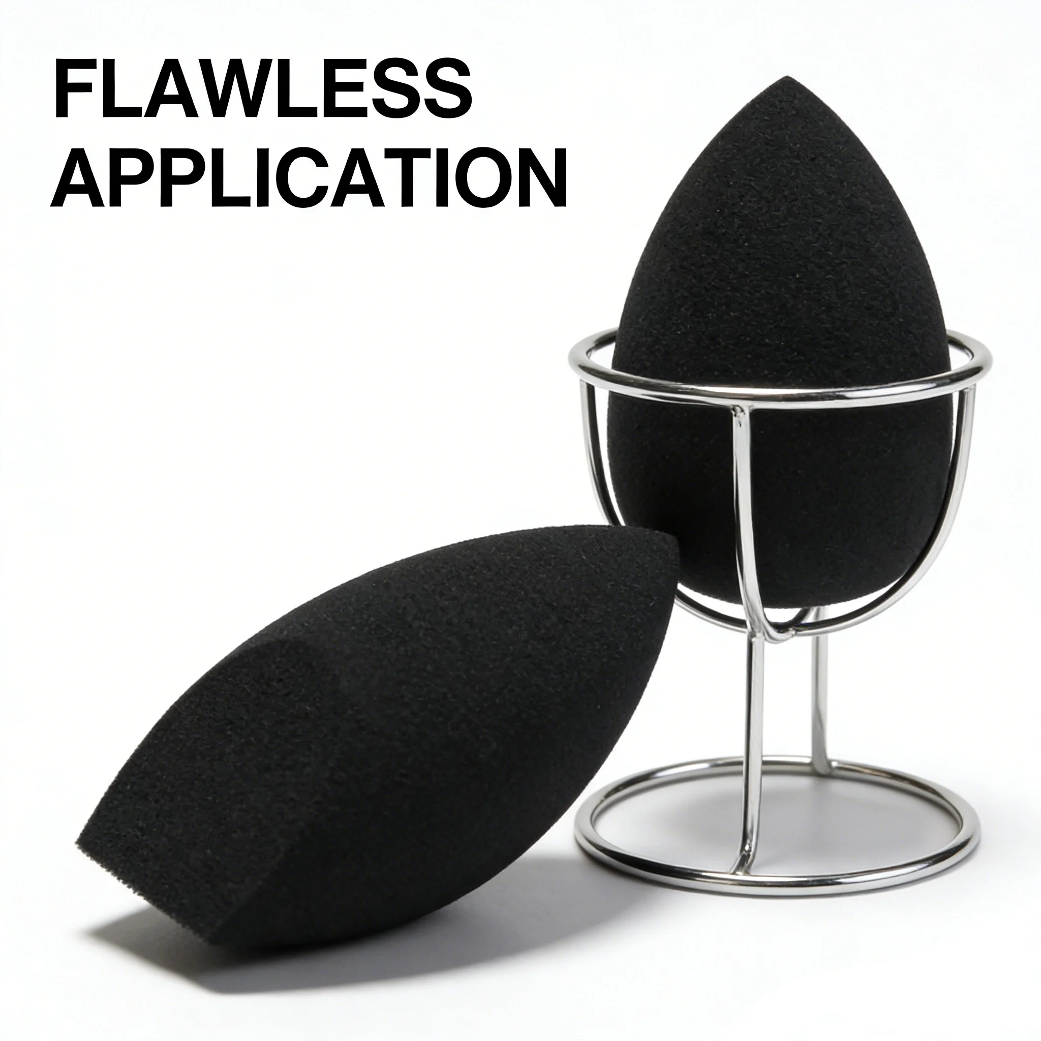 1 piece of a black, textured beauty egg, suitable for both dry and wet use, featuring a non-powdery, sponge-like texture.