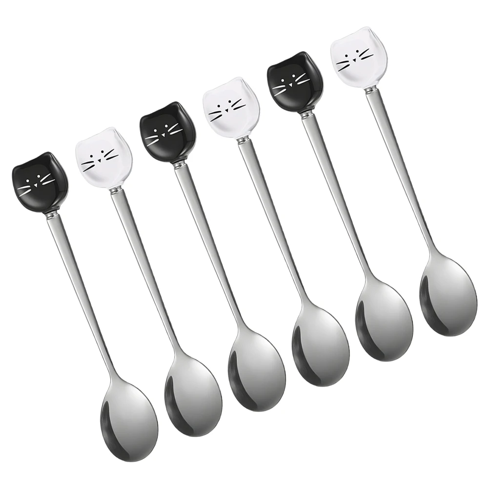 

6pcs Ceramic Cat Dessert Spoon Stainless Steel Long Handle Mixing Ladle for Coffee Ice Cream Yogurt Easy Clean