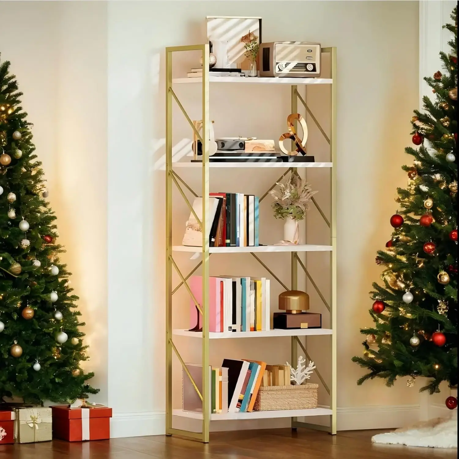 

Gold Bookshelf, Modren 5 Tier Bookcase, Storage Shelves Organizer Standing Shelf, Display Rack Book Shelves for Bedroom