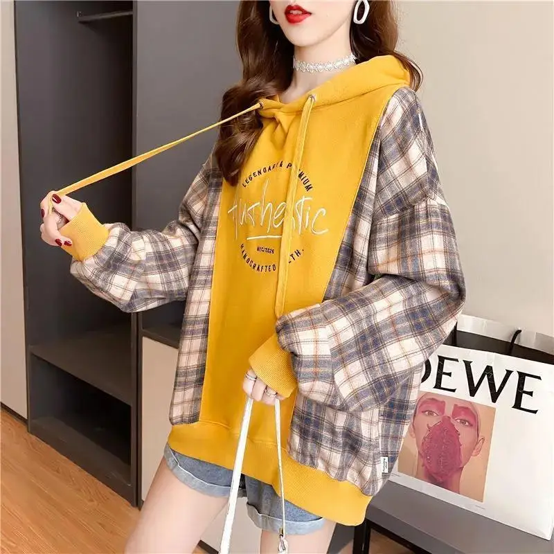 Fashion Embroidery Hoodies Plaid Sweatshirts Female Clothing 2024 Spring New Loose Casual Tops Fake Two Pieces Sweatshirts