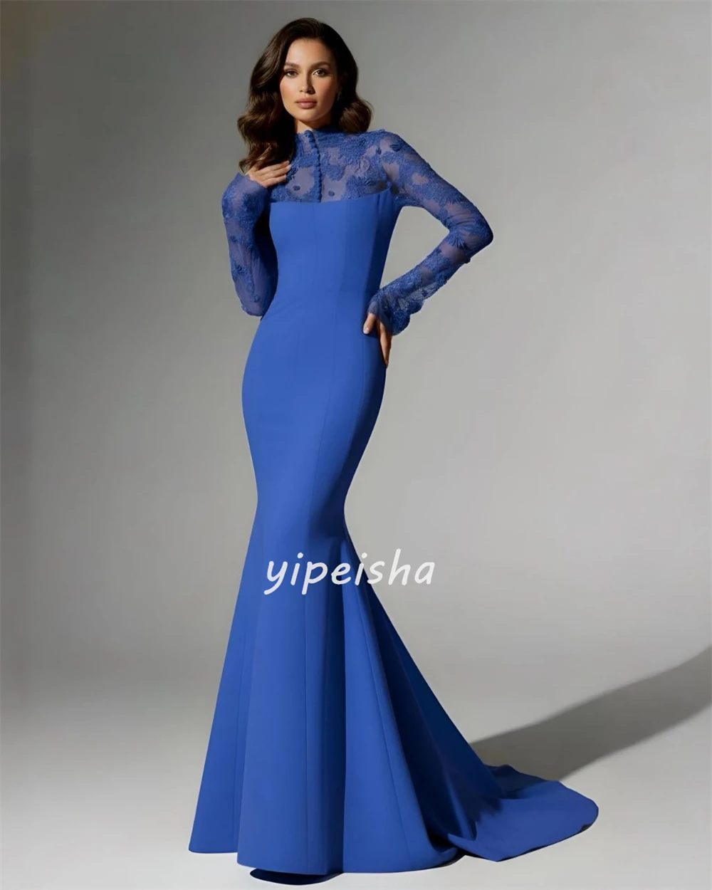 맞춤형 모던 스타일 클래식 저지 레이스 버튼 머메이드 하이 칼라 롱 드레스 이브닝 드레스 고품질 사이즈 선택 가능