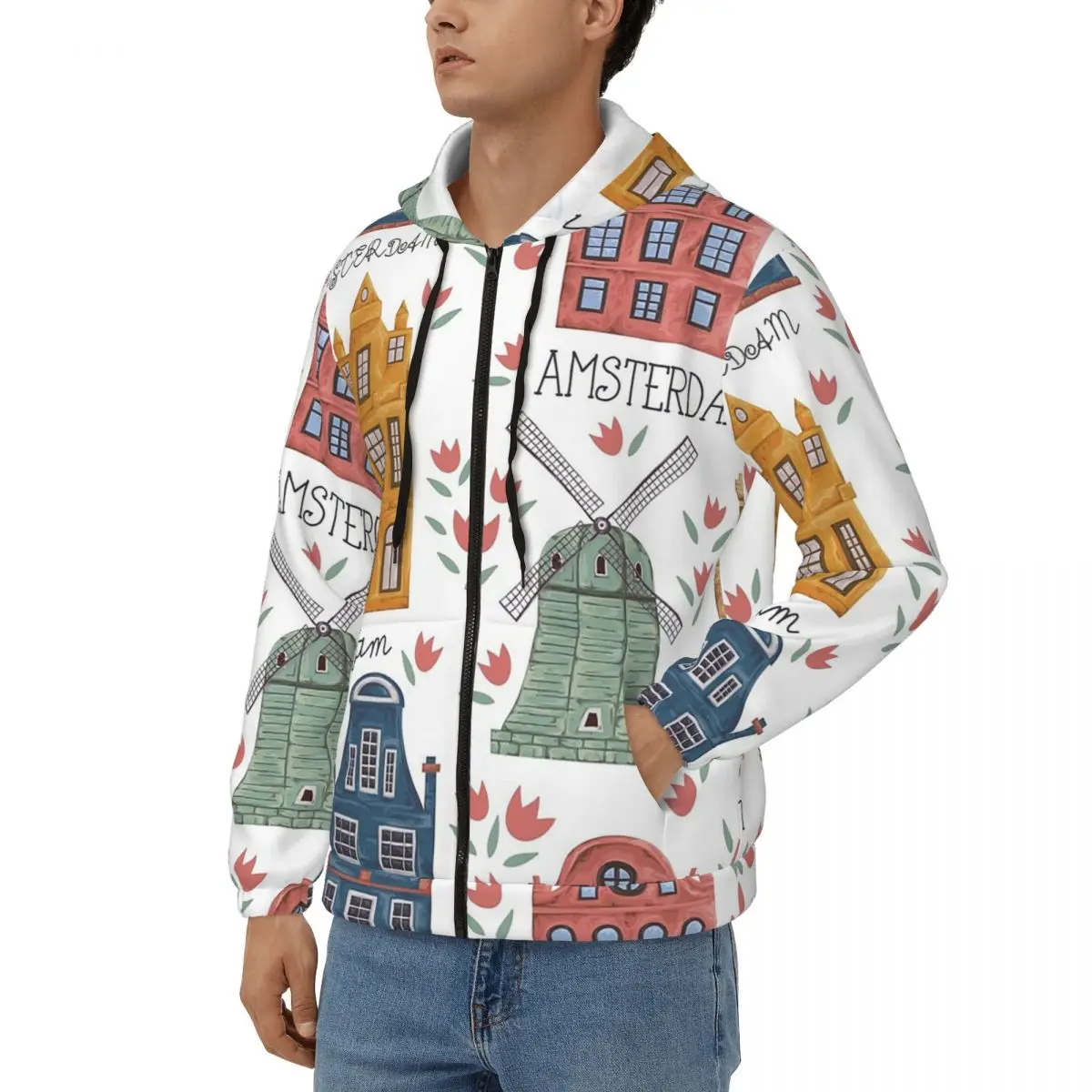 Amsterdam. Seamless Pattern With Old Historic Buildings Zipper Hoodies Autumn Winter Men Women Sweatshirts Long Sleeve Tops