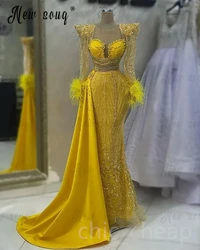 Luxury yellow Feather Wedding Party Dresses With Side Train Arabic Beaded Mermaid Evening Dress Long Celebrity Gown Custom Made