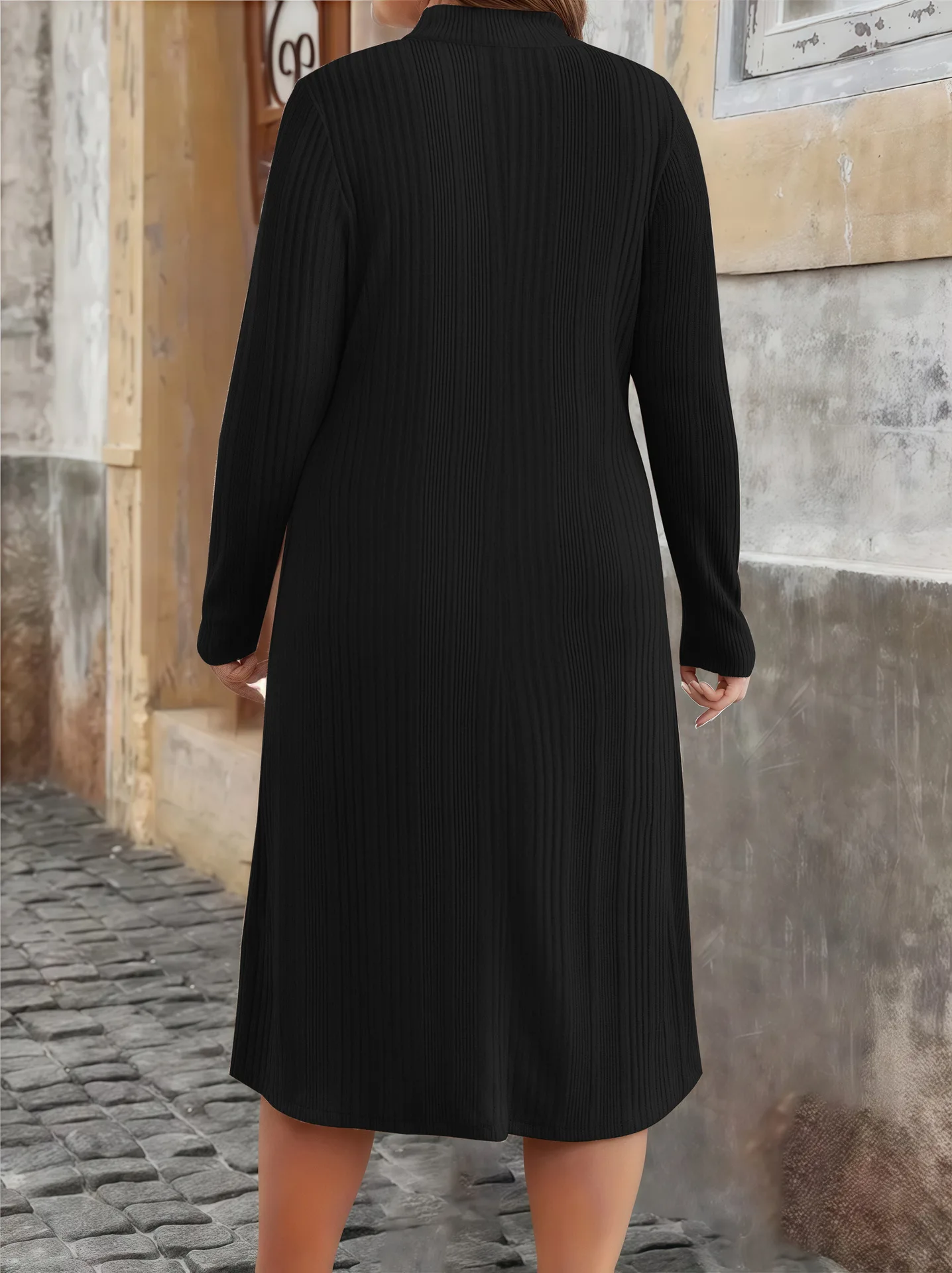 Alternative view of 2026 5XL vestido de punto acanalado de talla grande para mujer con cremallera frontal cuello redondo elegante Casual Color sólido vestido de invierno de manga larga tallas grandes