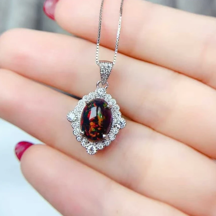 

Твердый серебряный драгоценный камень 925 пробы, ювелирные изделия, кулон из натурального опала, 8 мм * 10 мм, черный опал, ожерелье, кулон