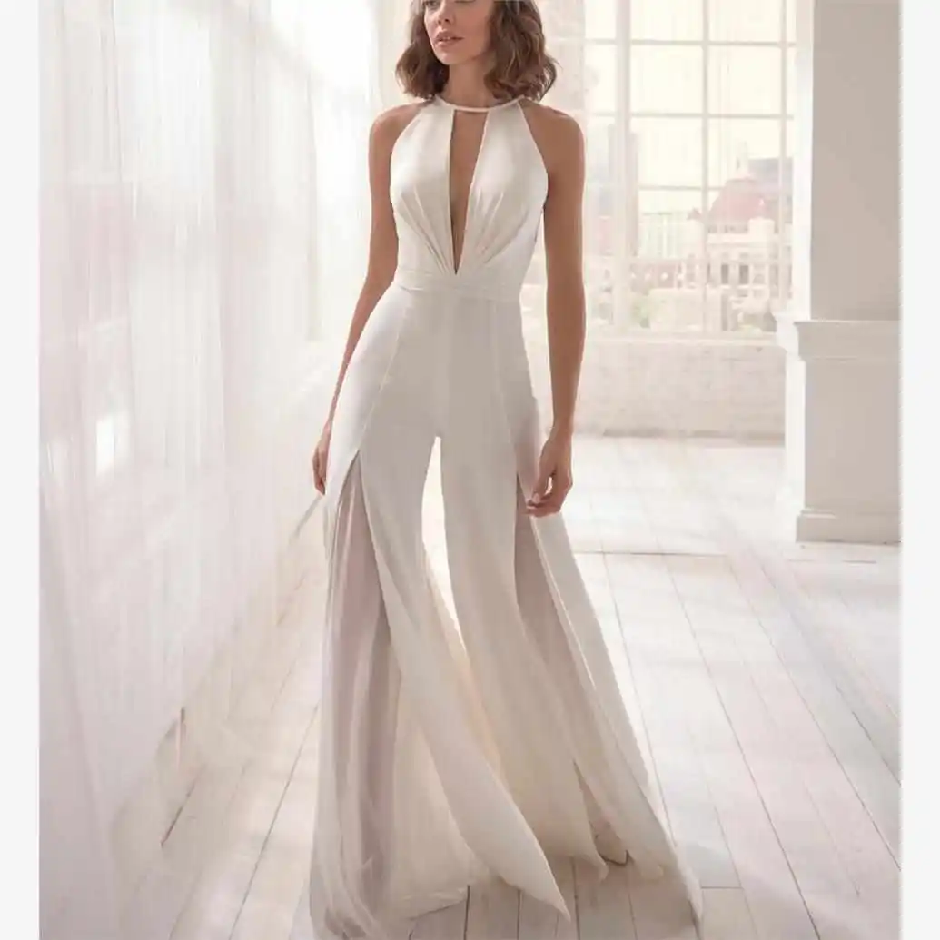 

Сексуальный комбинезон из шифона с глубоким V-образным вырезом, белый, с широкими штанинами, дизайнерский, с завышенной талией, из утолщенного полиэстера, для повседневной носки