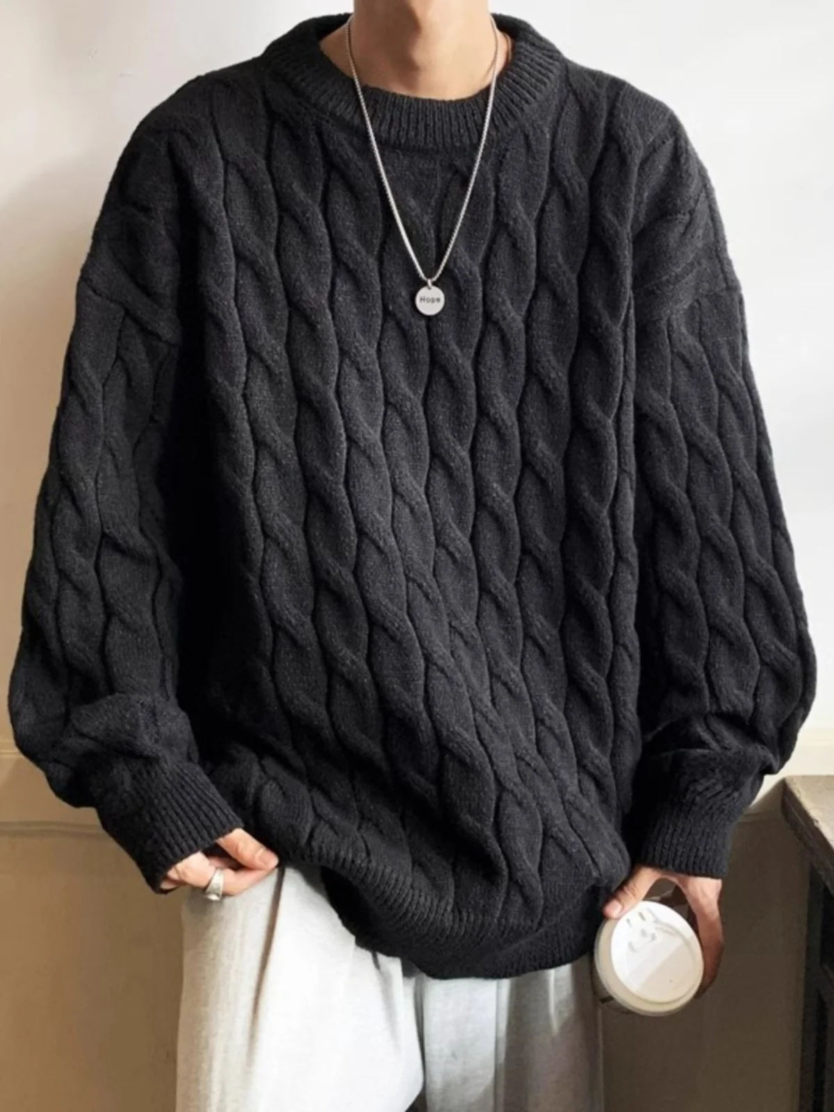 

New Men's Long Sleeve Knitwear Autumn Winter Style Casual Loose Fit Polyester Fiber round Neck Color Lazy Fashion Trend