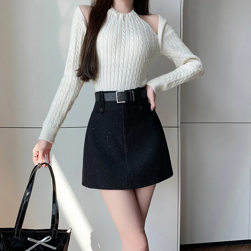 Autumn and winter Korean fashion coarse woolen short skirt with sequins, anti glare high waist A-line hip hugging skirt